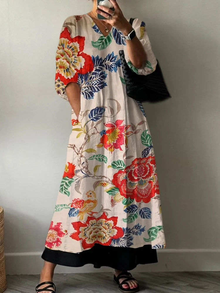 Women's Boho Vintage Floral Print Pocket V-neck Cotton Dress