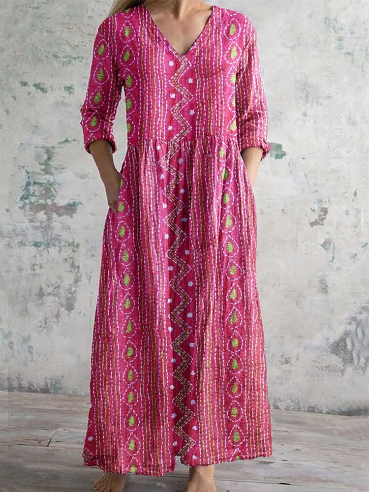 Women's Elegant Retro Geometric Pattern V-neck Cotton Dress