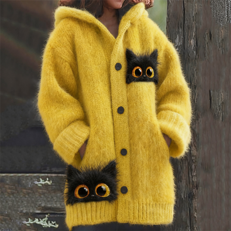 Lovely Peeking Black Cats Cozy Knit Hooded Cardigan elevenforest