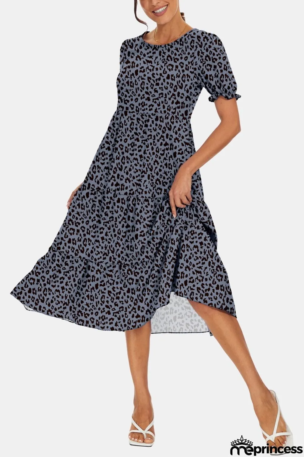 Round Neck Flounce Sleeve Midi Dress