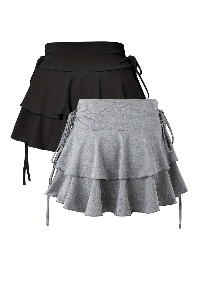 2pcs Set Women's Solid Color Fashion Half Skirt With Ruffle Drawstring Mini Skirt