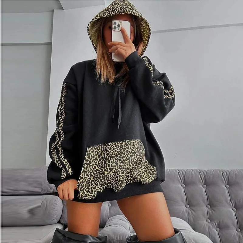 Uveng Uveng Has F24TP161 Women's Autumn And Winter New Leopard Splicing Drawstring Pocket Loose Casual Hooded Jacket