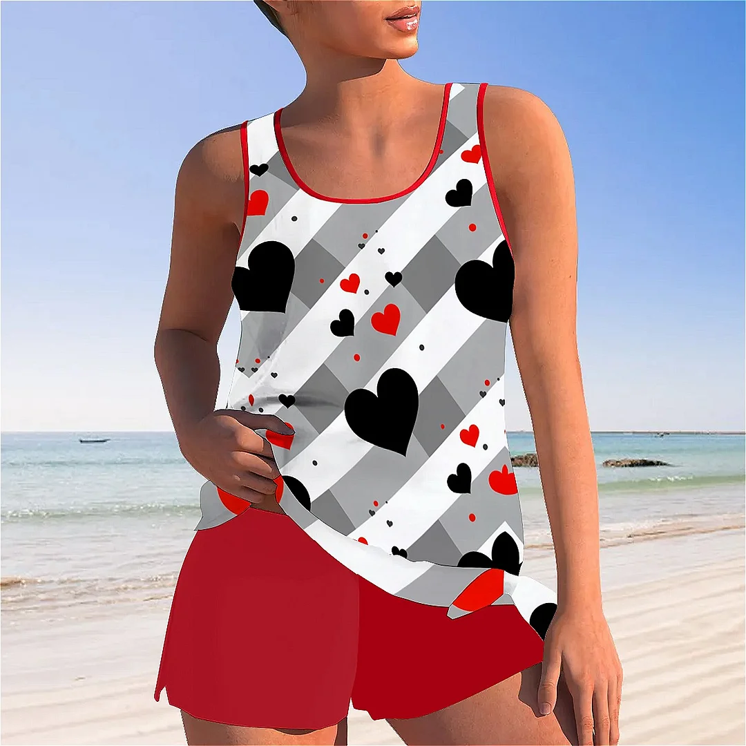 Bowknot Heart,Love,Valentine's Day Mid Waisted Tankini Set - Plus Size Available