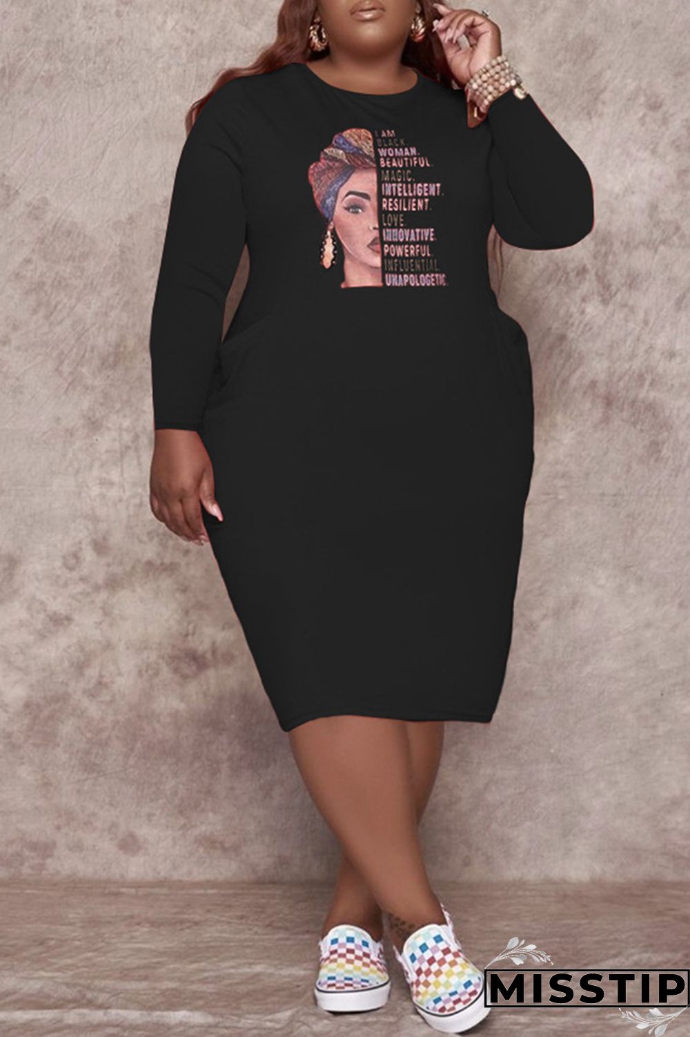 Burgundy Fashion Casual Print Basic O Neck Long Sleeve Plus Size Dresses