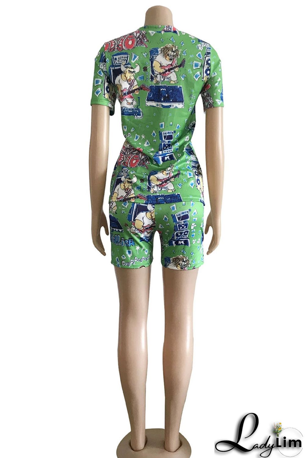 Green Street Print Patchwork O Neck Short Sleeve Two Pieces