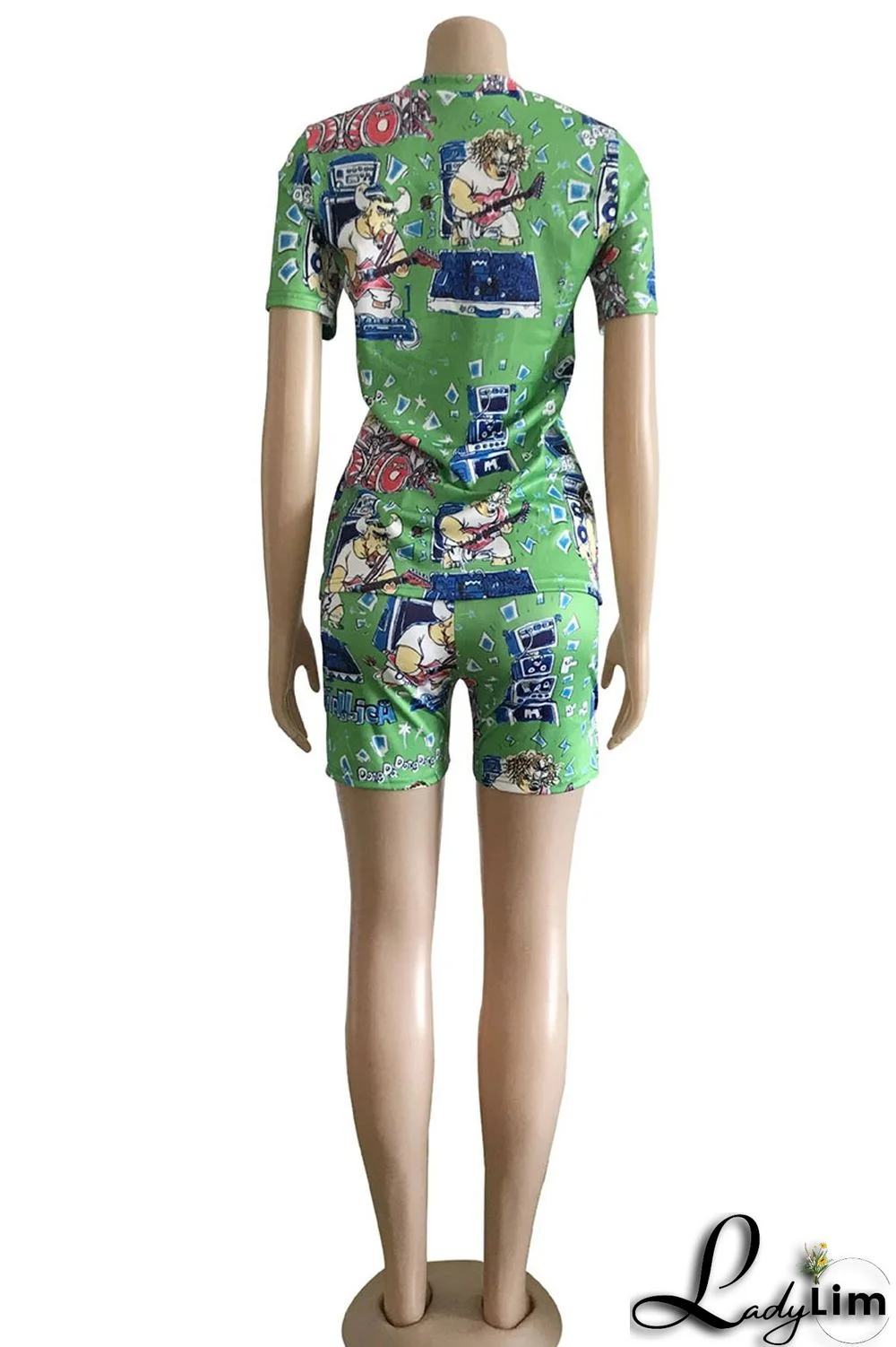 Green Street Print Patchwork O Neck Short Sleeve Two Pieces