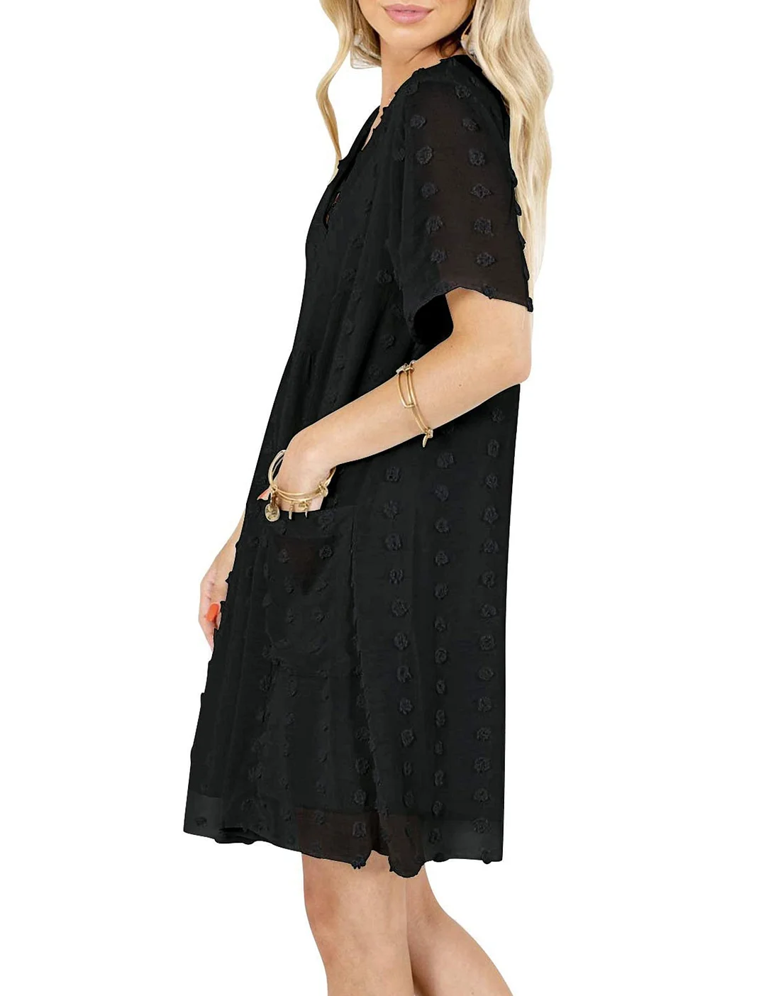 MIHOLL Women's V Neck Short Sleeve Ruffle Loose Summer Flowy Mini Dress