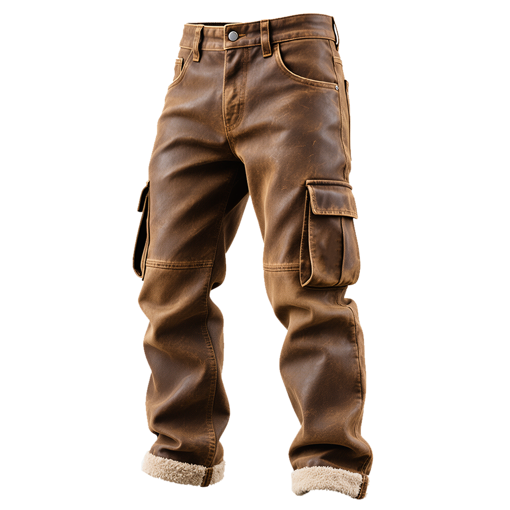 Men's Vintage Brown Leather Cargo Trousers With Wool Decoration