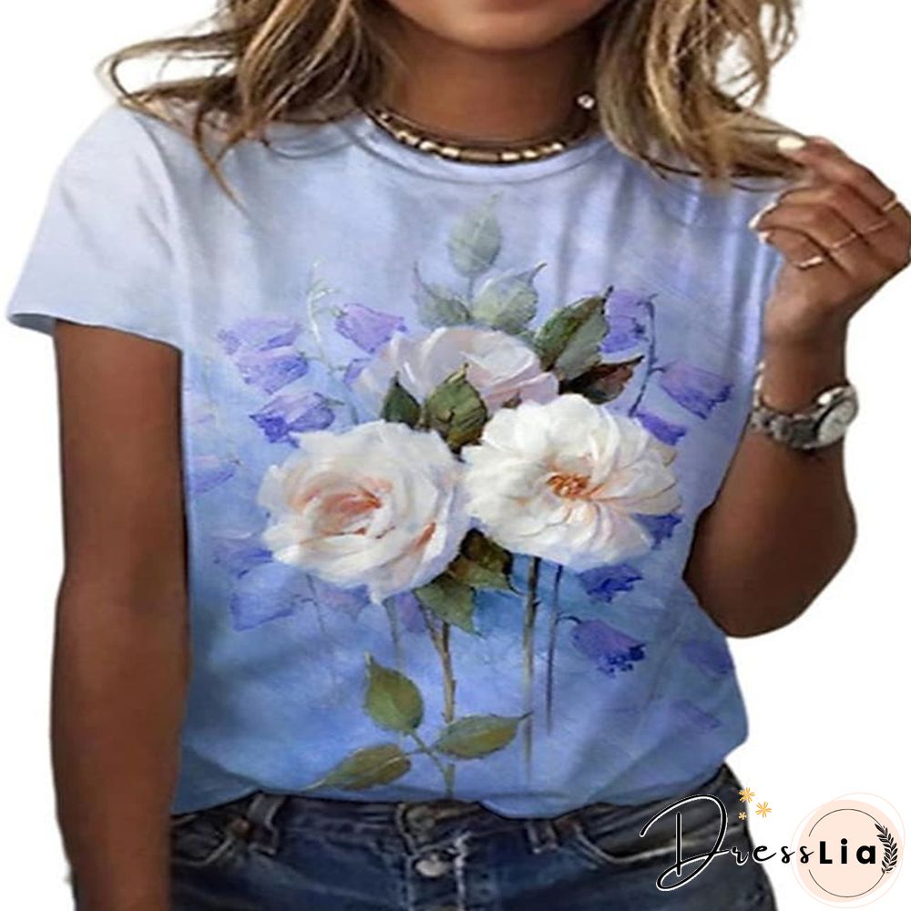 Summer New 3D Printing Ladies Casual Floral Theme Painting T-Shirt Printing Round Neck Soft Fashion Women's Clothing