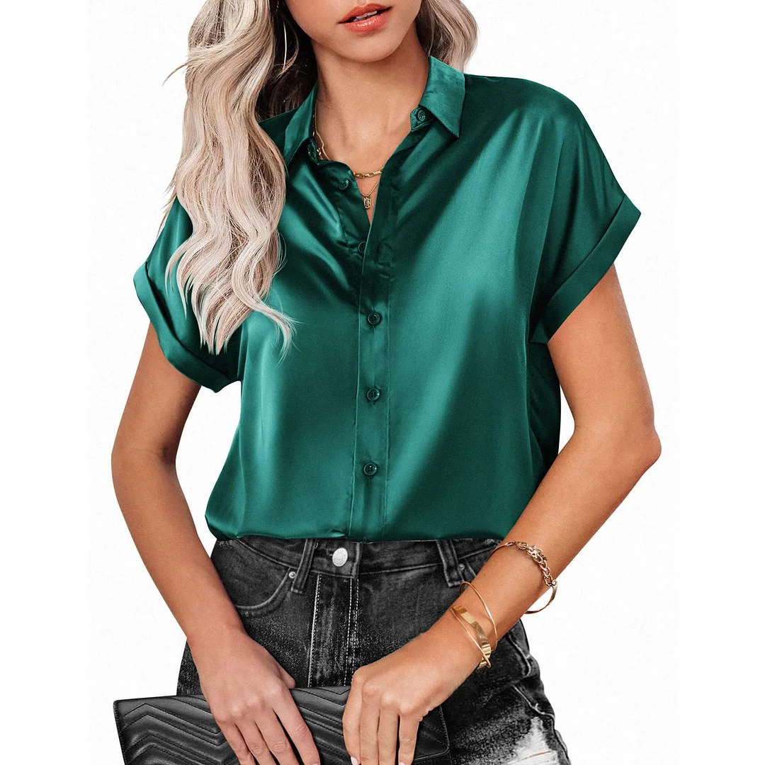 Uveng Solid Color Satin Sleeve Button Shoulder Blouses