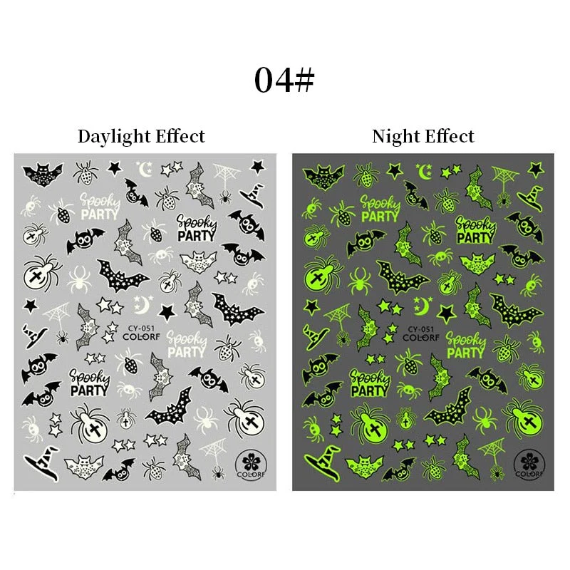 3D Luminous Nail Stickers Halloween Pumpkin Spider Star Moon Transfer Sliders  Winter Glow In The Dark Nail Art Decoration-Nail Inspo
