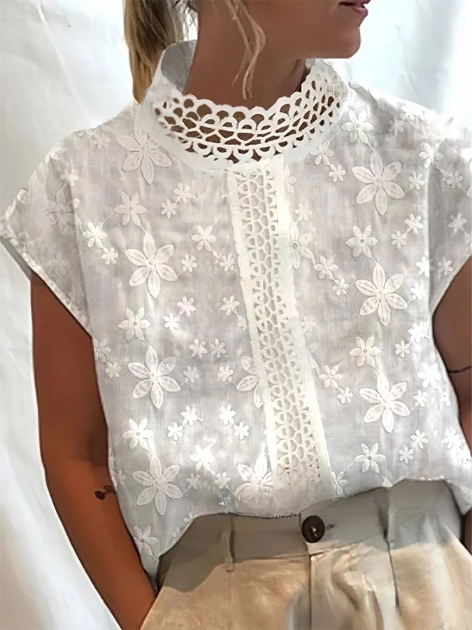 Women's cotton&Linen Lace Short-Sleeved Shirt 