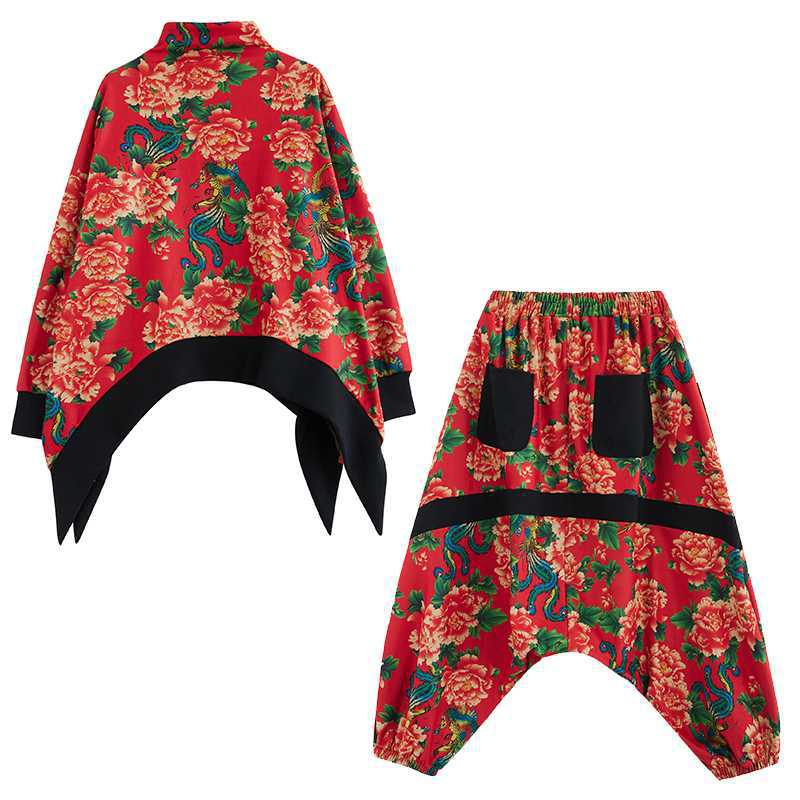 Ethnic Style Peony Printed Blouse and Wide Leg Pants Suits