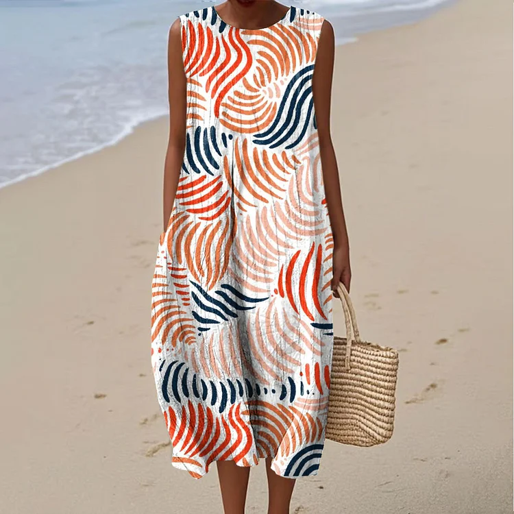 Women's Color Block Line Art Print Sleeveless Cotton Pocket Wrap Dress
