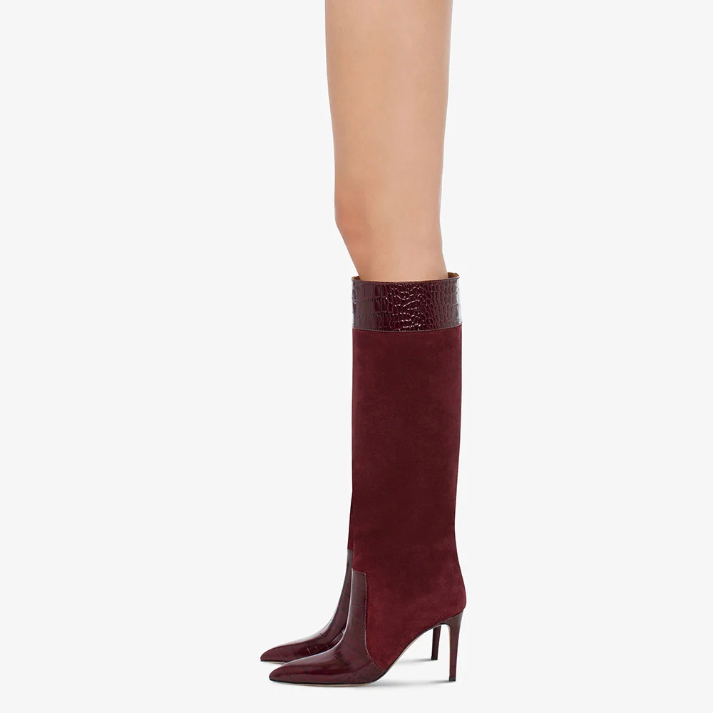 Burgundy Croco Embossed Stiletto Heel Knee High Boots for Women