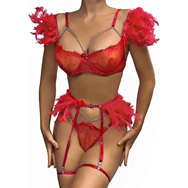 Lovingerie - Hot Night Angel Feather Lace Ultra-thin Sexy Lingerie Suit