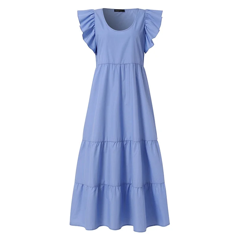 Stylish Ruffles Holiday Vestidos 2022 ZANZEA Summer Long Maxi Dress Women Butterfly Sleeve Solid Party Sundress Kaftan