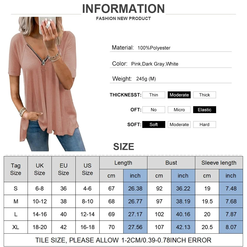 Summer Hollow Out Short Sleeve T-Shirts Women  Zipper V-Neck Casual Ladies Tops Fashion Female Streetwear Blouse Tee D30