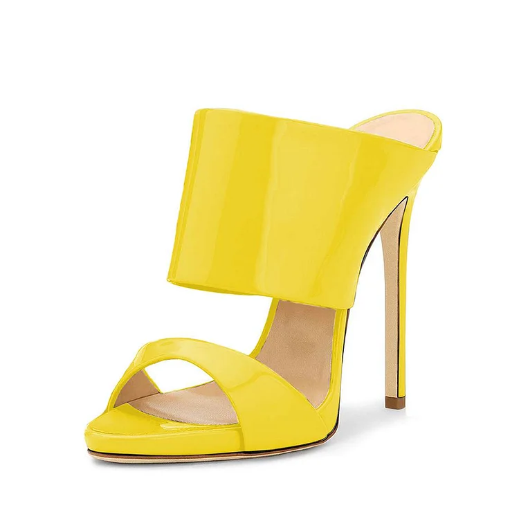 Yellow Patent Leather Open-Toe Stiletto Heel Mules Shoes |FSJ Shoes
