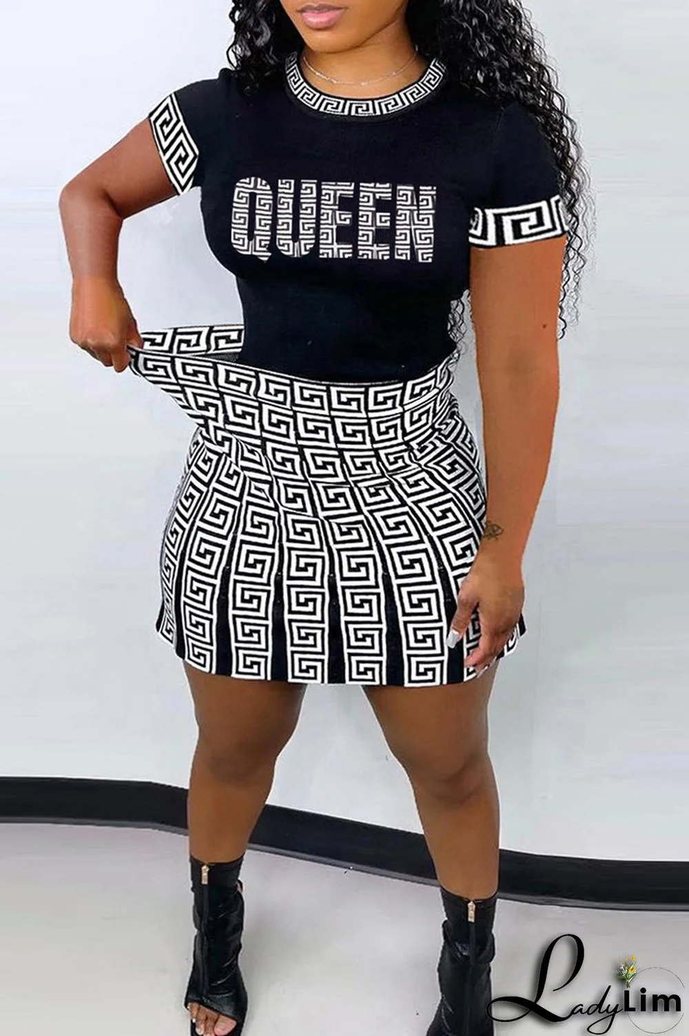 Black Fashion Casual Letter Print Patchwork O Neck Plus Size Two Pieces