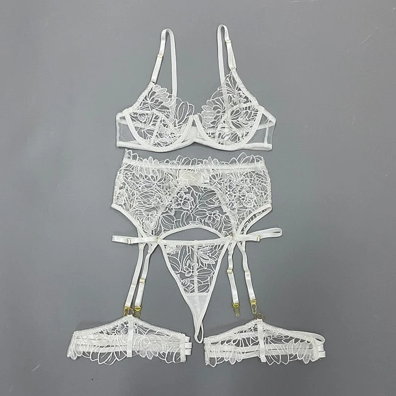 Transparente Sexy Underwear Set Woman Erotic Lingerie Embroidery See Through Bra with Garters Brief Sets White Wedding Intimates