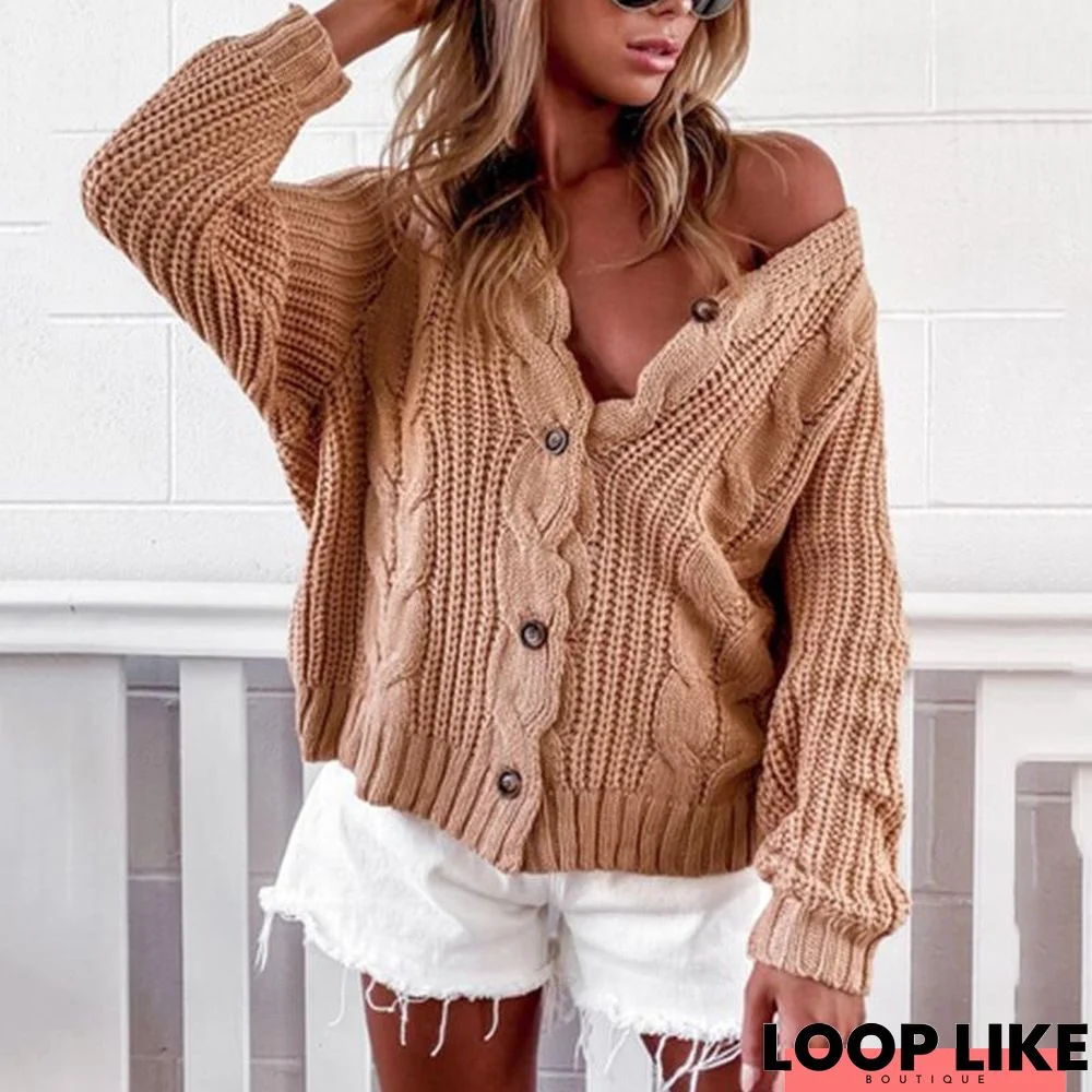 Autumn Winter Sweater V-Neck Long Sleeve Cardigan Casual Solid Color Sweater