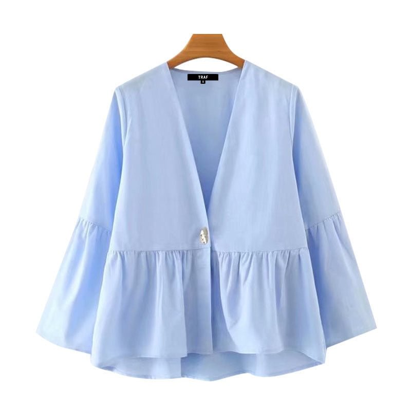 TRAF Women Fashion Loose Ruffled Irregular Blouses Vintage V Neck Flare Sleeves Female Shirts Blusas Chic Tops