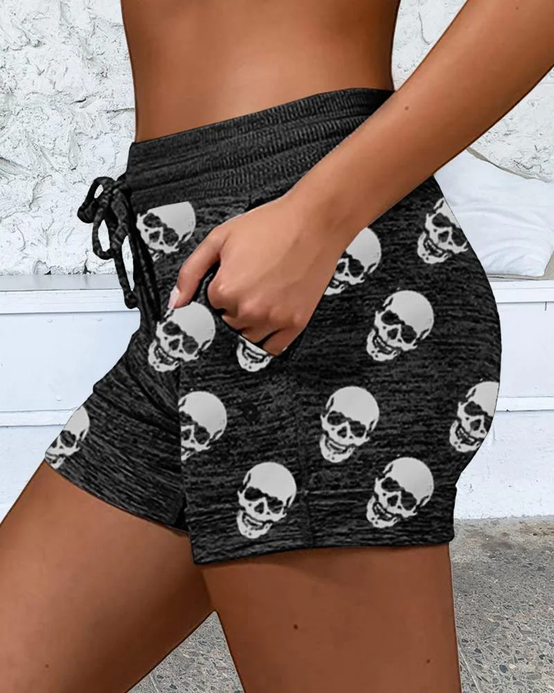 Skeleton Print Skinny Drawstring Shorts