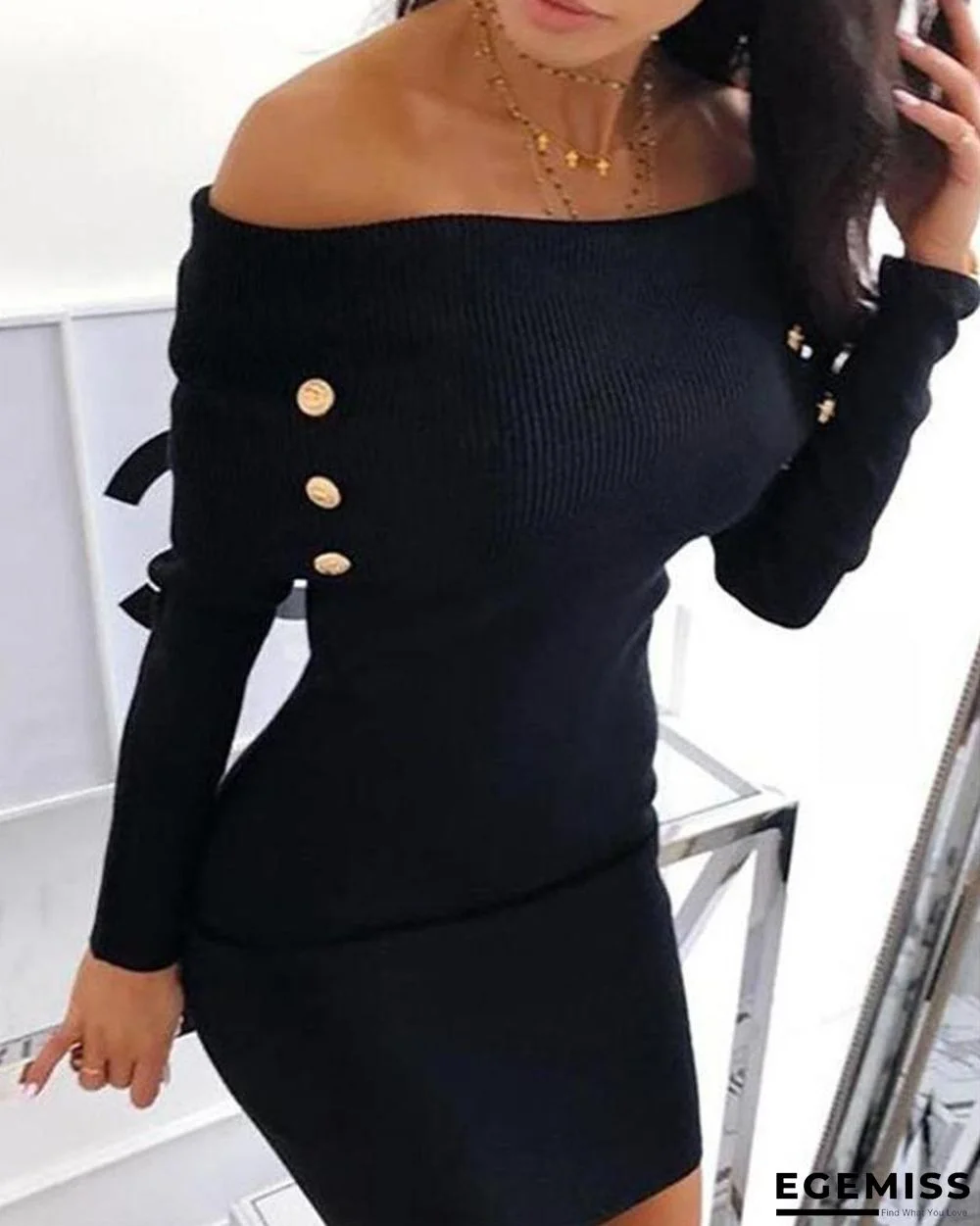 Off Shoulder Faux Button Bodycon Dress Black Dresses | EGEMISS