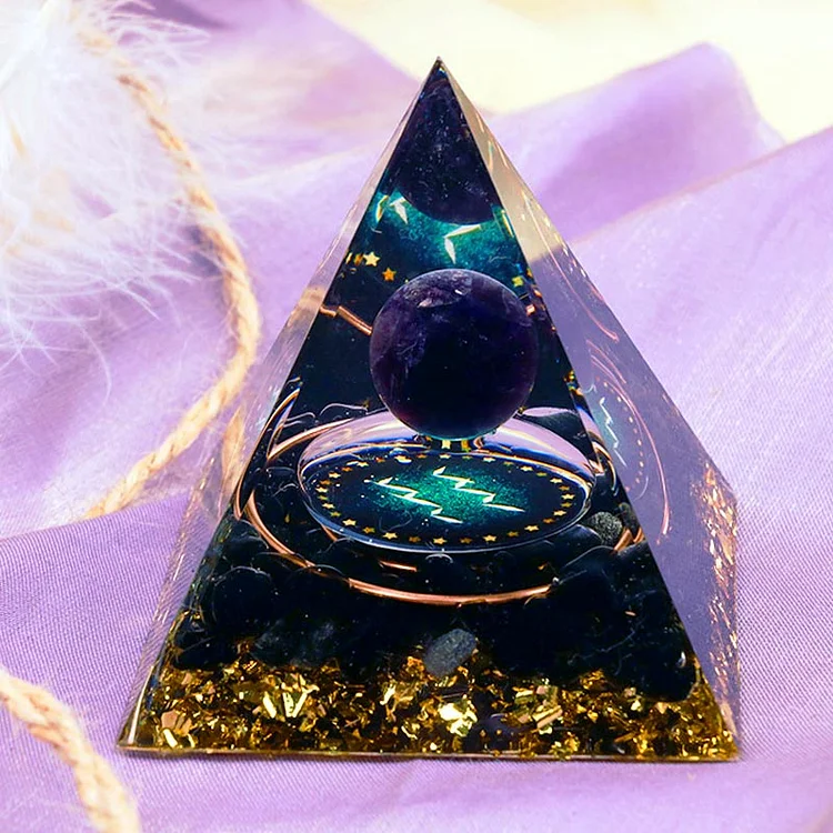 Amethyst Sphere With Obsidian Zodiac Aquarius Orgone Pyramid