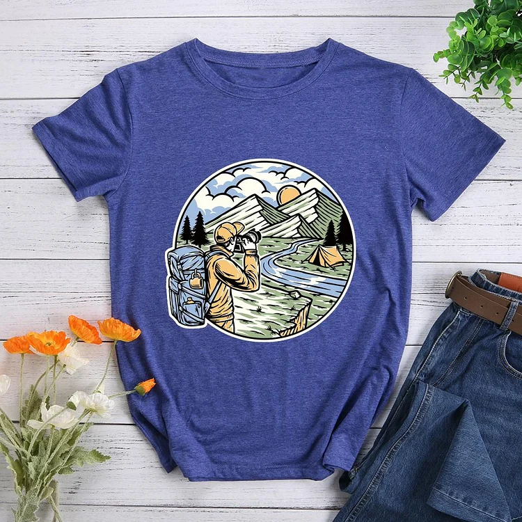 Hiker holding camera and taking pictures of mountain Round Neck T-shirt-Annaletters