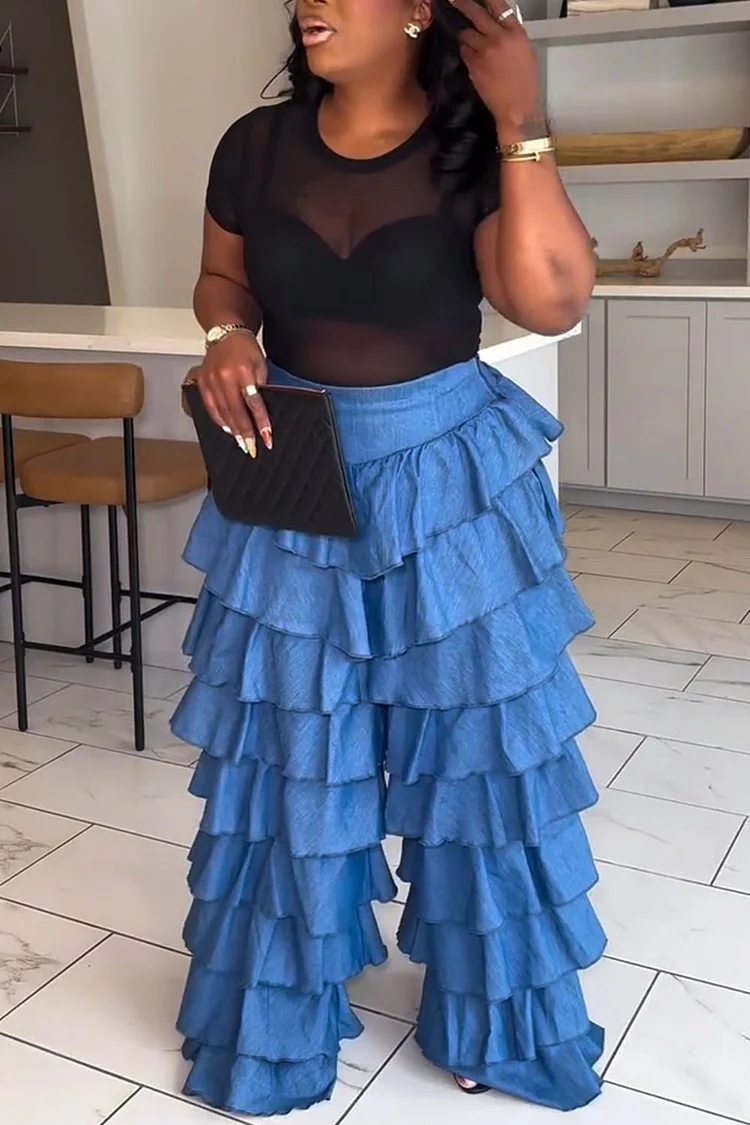 Plus Size Party Blue Casual Tiered Pocket Tencel Denim Jeans [Pre-Order]