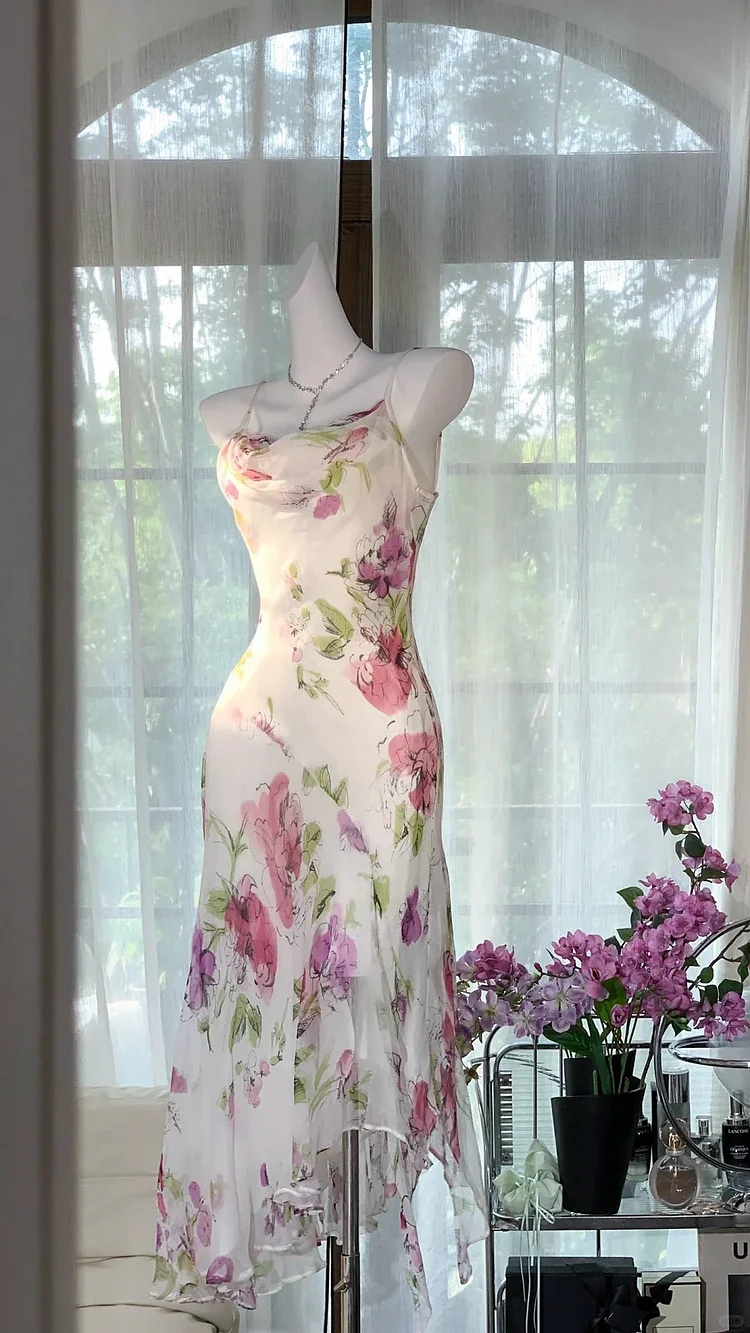 White Pink Floral Ball Gown Long Chiffon Date Dress Evening Dress Birthday Dress Wedding Dress