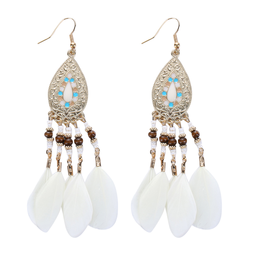 

Antique Bohemia Colorful Beads Tassel Vintage Drop Leaves Earrings Jewelry, 白色, 501 Original
