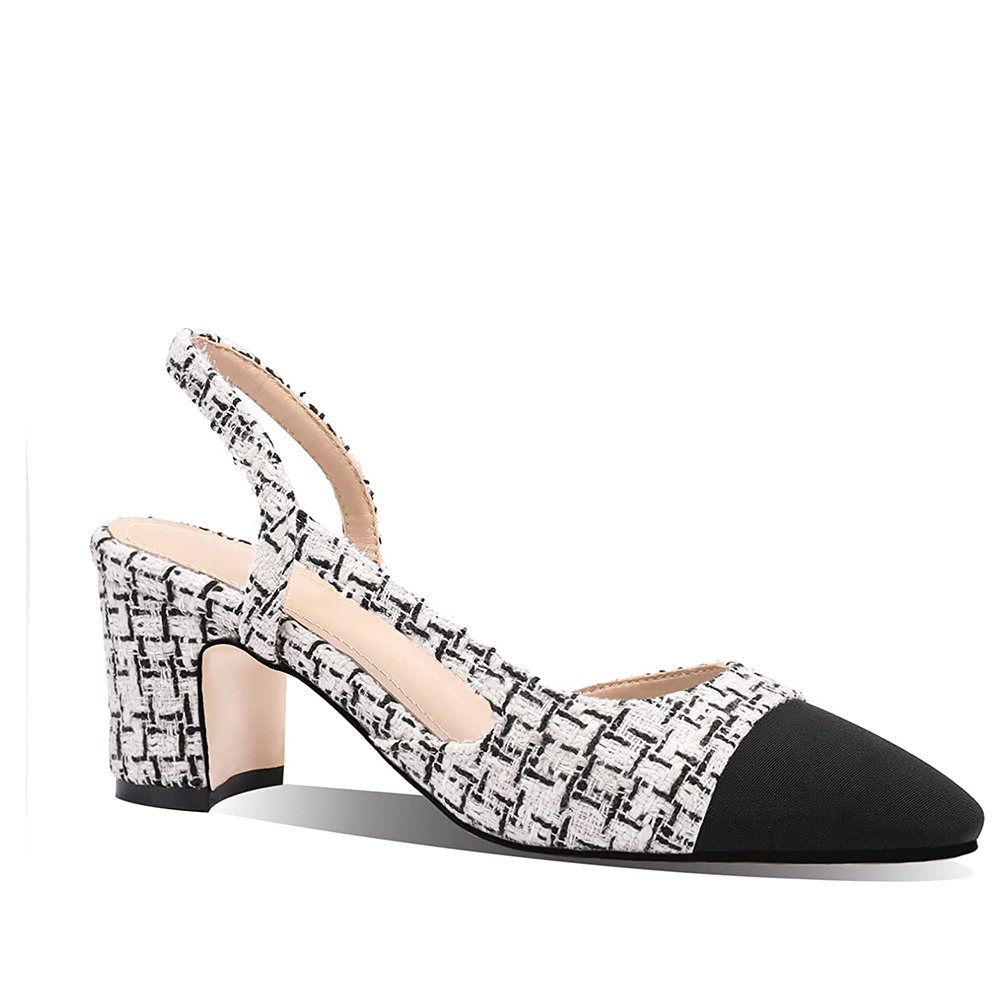 65mm Chunky Heels for Women Slingback Pumps Sandals Splicing Round Toe Casual Wedding Pumps-MERUMOTE