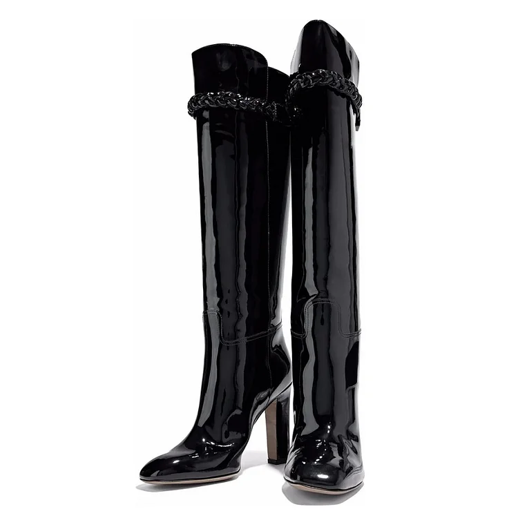 Black Patent Leather High Heel Boots Knee-high Boots |FSJ Shoes
