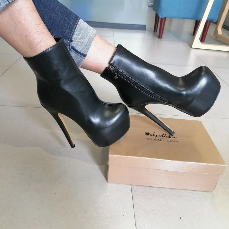 Onlymaker Women's Rounded Toe 16CM High Heel Black Color Side Zipper Slim Fashion Matte Ankle Booties Plus Size US5~US15