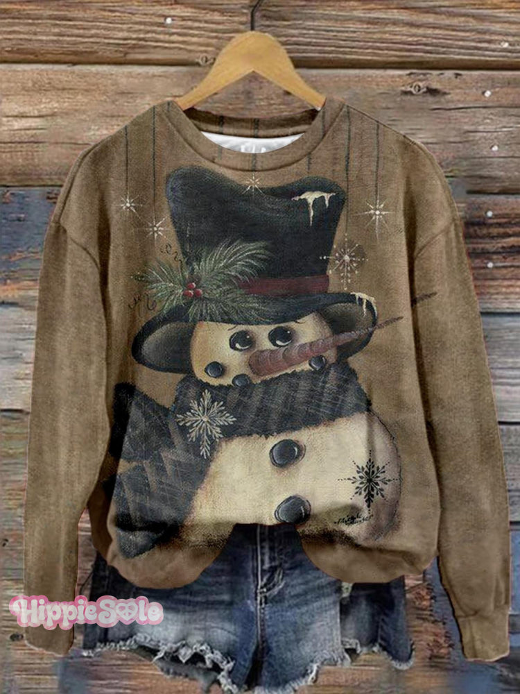 Retro Christmas Snowman Print Casual Sweatshirt Multicolor / S
