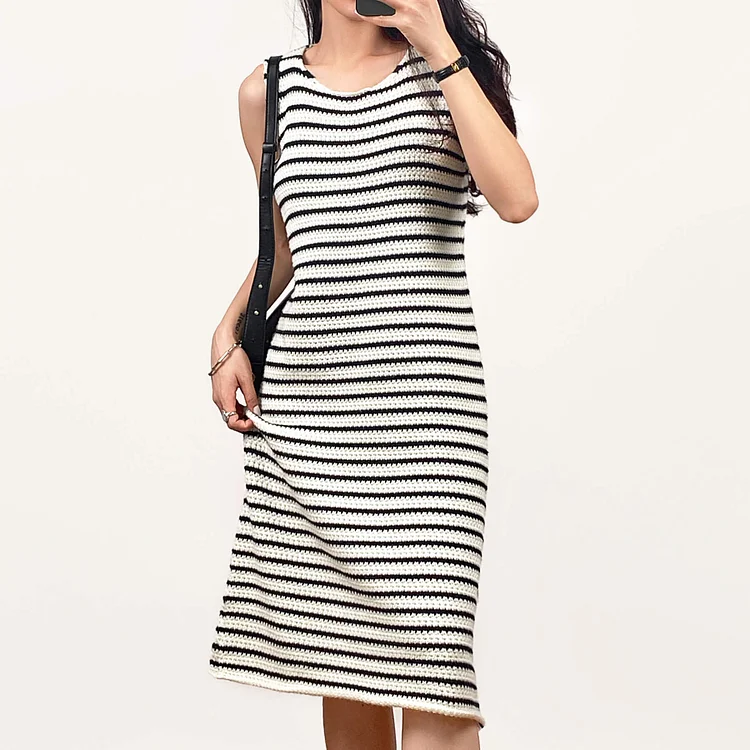 Ivory Striped Sleeveless Knit Midi Dress QueenFunky