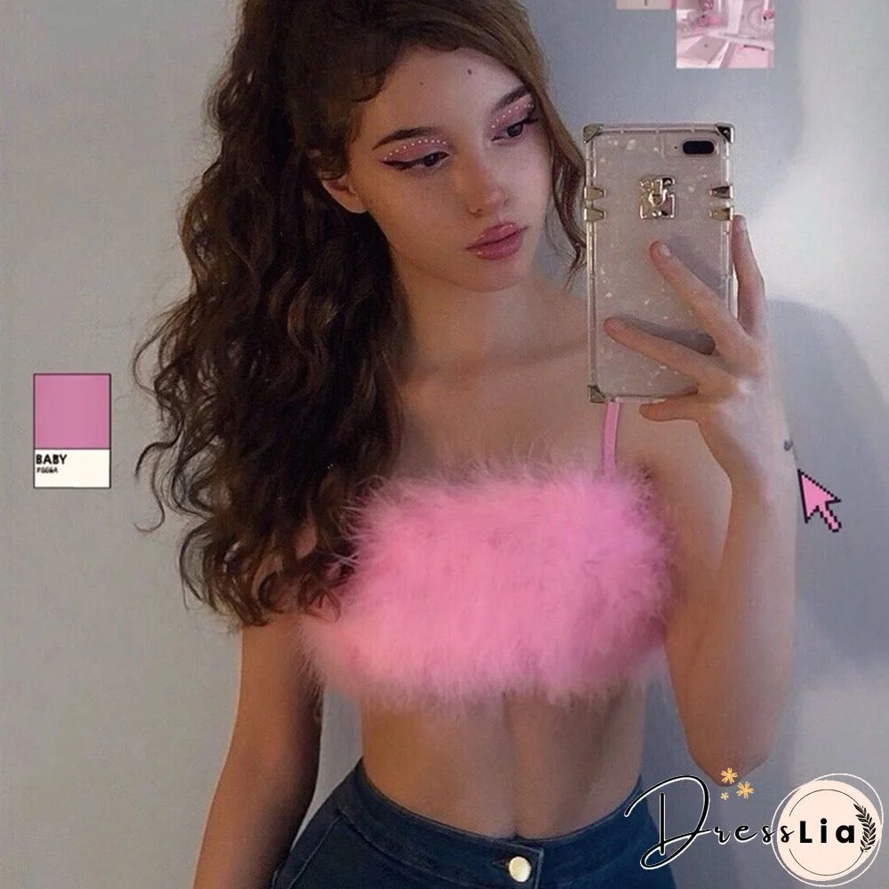 Fashion Sexy Spaghetti Straps Pink Feather Crop Top Women Camisole Sleeveless Tops Party Club Streetwear Camis