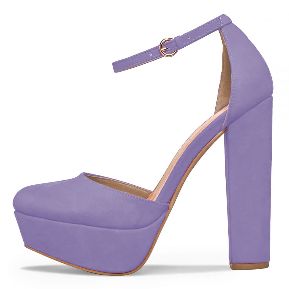 Elegant Purple Platform Pumps Closed Toe Ankle Strap Chunky Heels Nicepairs