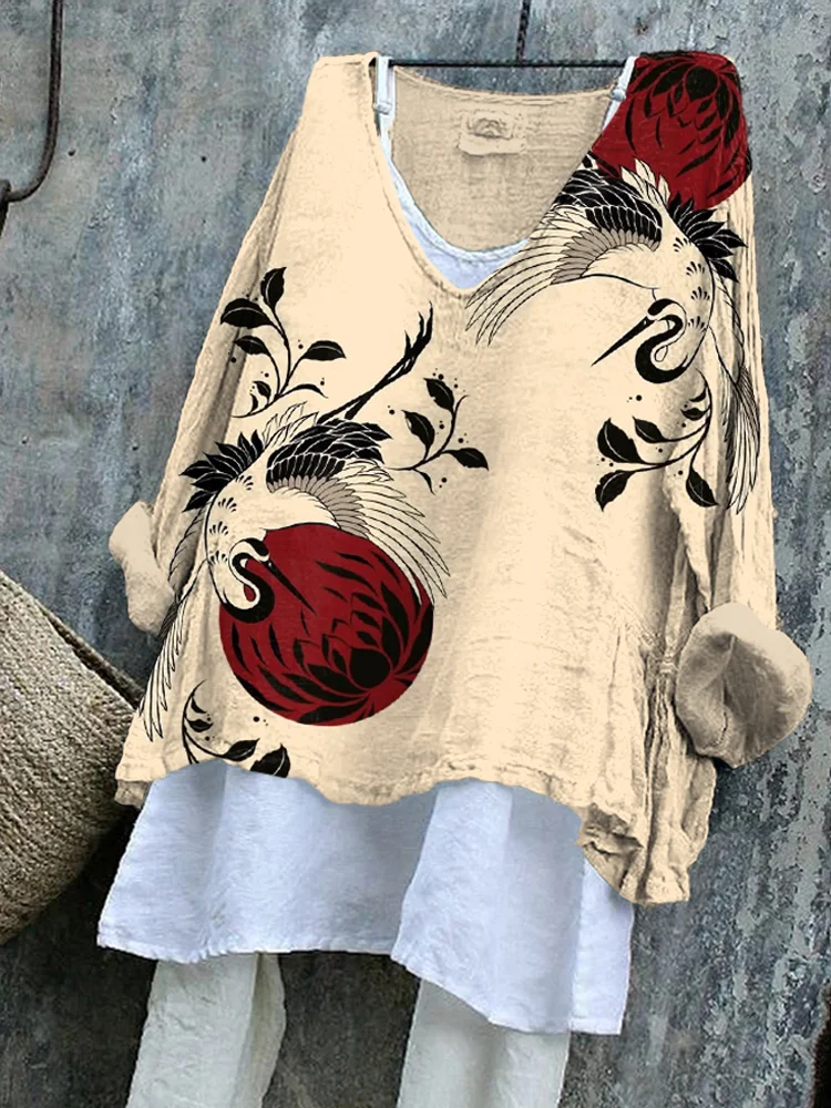 Japanese Art Crane Print Cozy Flowy Tunic