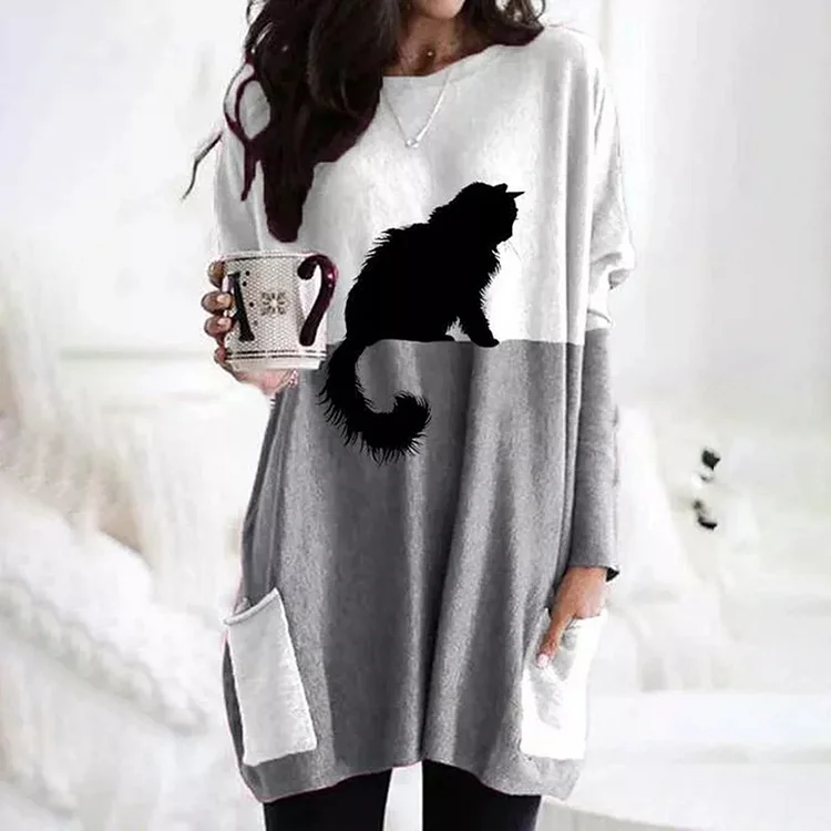 Casual Colorblock Cat Print Long Sleeve Tunic