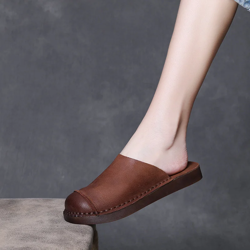 Yyvonne Time 99] Head-Level Cow Skin Retro Wearing Baotou Half Slippers Women's Summer Comfortable Leisure Boun Slippers
