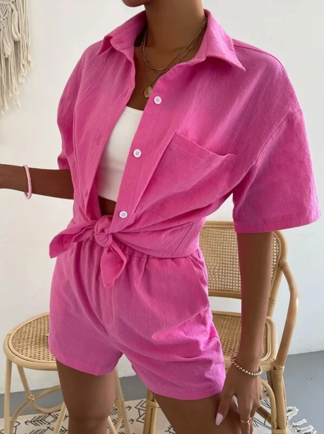 Women's Solid Set Loose Lapel Shirt Top and Short Pant Casual 2Piece Summer Set