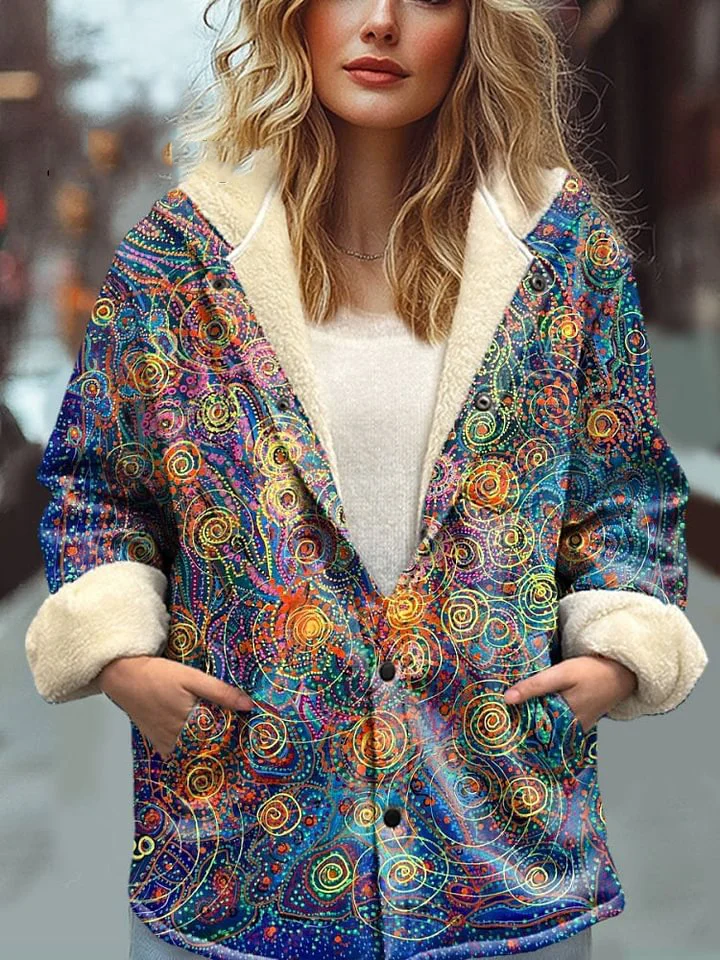 Women's Abstract Painting Pattern Art Print Waffle Plush Thick Long-Sleeved Hooded Coat