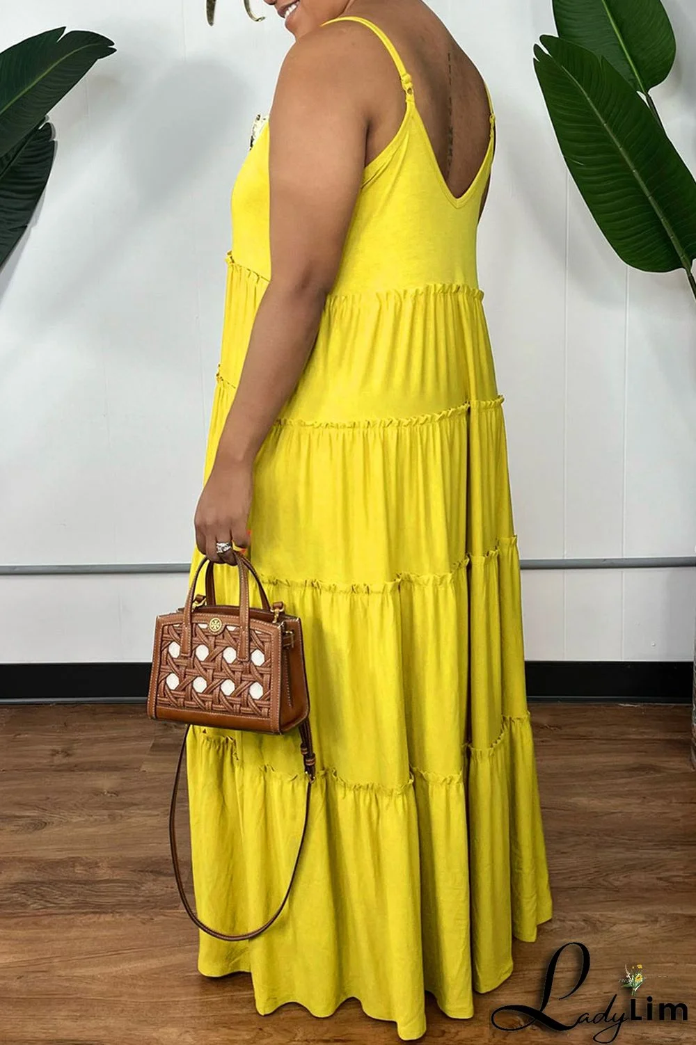 Yellow Casual Solid Patchwork Fold Spaghetti Strap Sling Dress Dresses