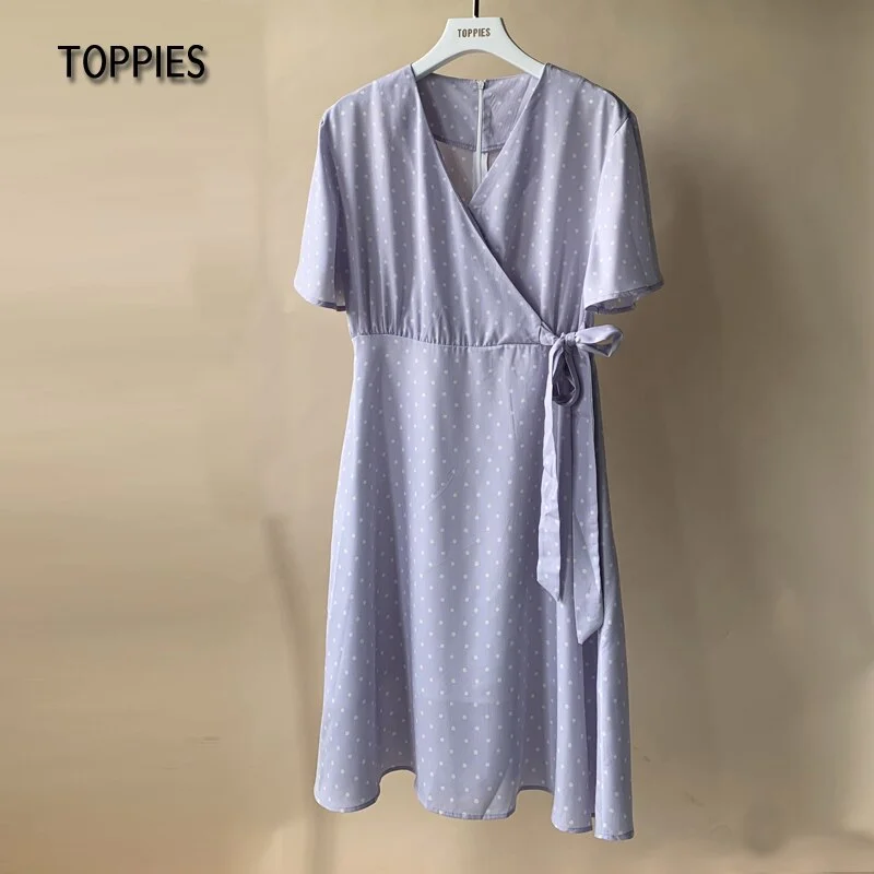 Toppies Summer Short Sleeve Shirts Dress Polka Dot Printing Dress Woman v-neck Lace Up Belt vestido 2021