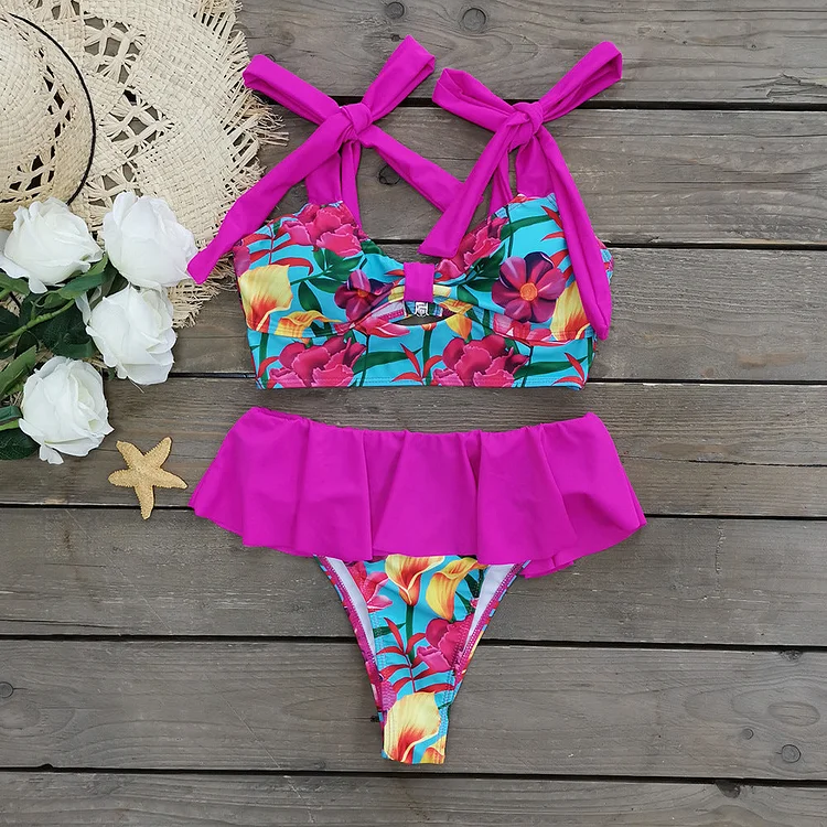Flaxmaker Bowknot Tie-shoulder Ruffle Floral Print Bikini Swimsuit