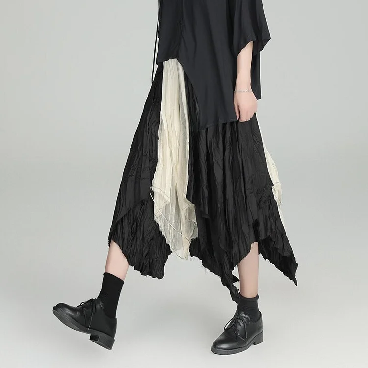 Chic Elastic Waist Wrinkled Contrast Color Irregular Patchwork Skirt 